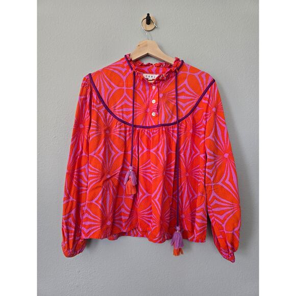 THML Boho Peasant Top Orange Pink Geometric Print Tassel Blouse Size M Statement - Picture 2 of 10